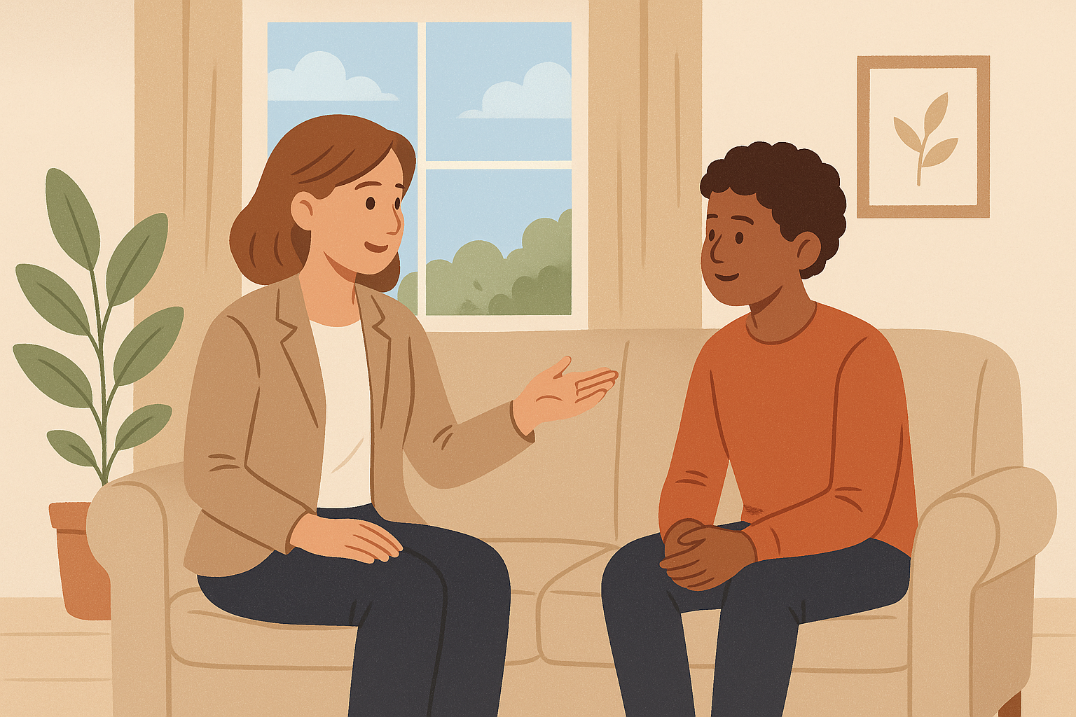 Illustration of an adult having a supportive conversation with a young person